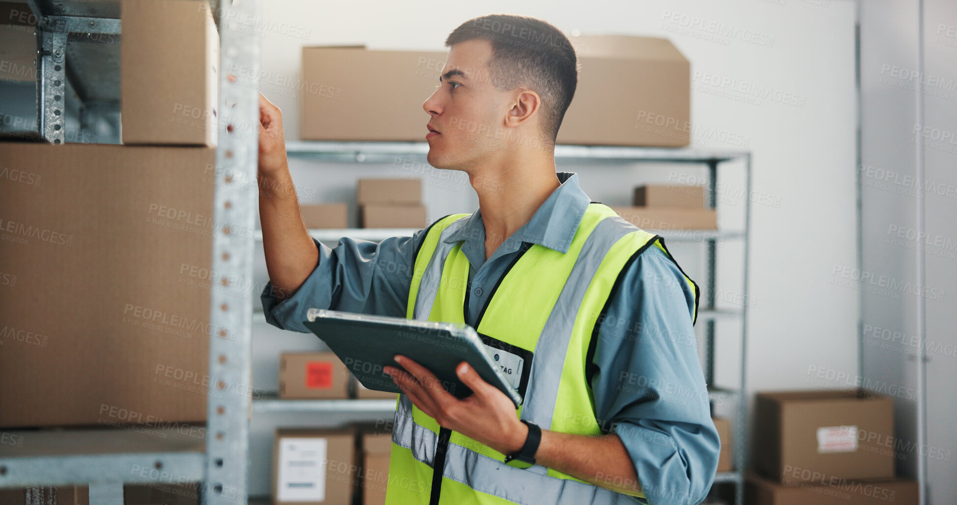 Buy stock photo Inspection, box or man with tablet in warehouse, dispatch process or inventory management for startup. Tech, dropshipping or worker reading parcel label for freight info, supply chain or check stock