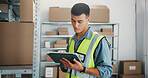 Inspection, shelf or man with tablet in warehouse, dispatch schedule or inventory management for startup. Tech, supply chain or worker with timetable for shipping, product availability or check stock