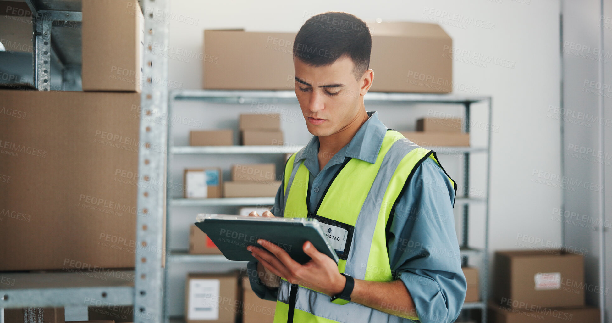 Buy stock photo Inspection, shelf or man with tablet in warehouse, dispatch schedule or inventory management for startup. Tech, supply chain or worker with timetable for shipping, product availability or check stock