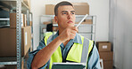 Inspection, logistics or man with tablet in warehouse, dispatch process or inventory management in startup. Tech, dropshipping or worker with stock check for supply chain, quality control or export