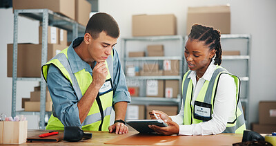 Buy stock photo Thinking, people and tablet for logistics at warehouse for online order, information and supply chain. Team, digital and ideas for stock check, inventory planning and distribution agenda of ecommerce