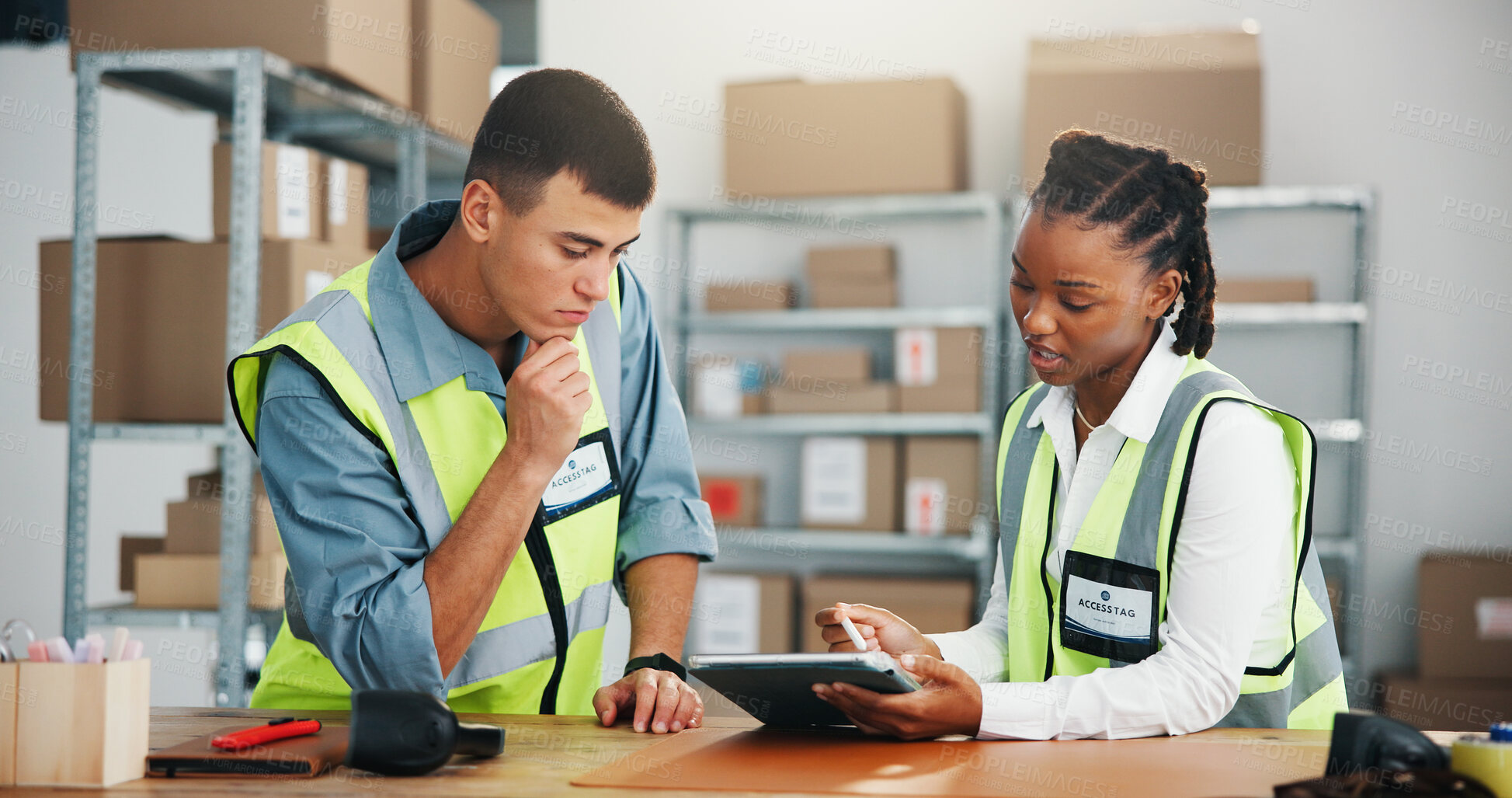 Buy stock photo Thinking, people and tablet for logistics at warehouse for online order, information and supply chain. Team, digital and ideas for stock check, inventory planning and distribution agenda of ecommerce