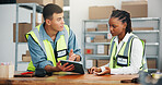 People, talking and tablet for logistics at warehouse for inspection, information and supply chain. Team, boxes and digital for stock check, inventory checklist and distribution schedule of ecommerce