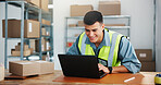 Happy man, logistics and supply chain with laptop for small business distribution in warehouse. Male person, distributor or supplier with smile or boxes on computer for shipping or delivery service