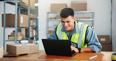 Buy stock photo Happy man, logistics and supply chain with laptop for small business distribution in warehouse. Male person, distributor or supplier with smile or boxes on computer for shipping or delivery service