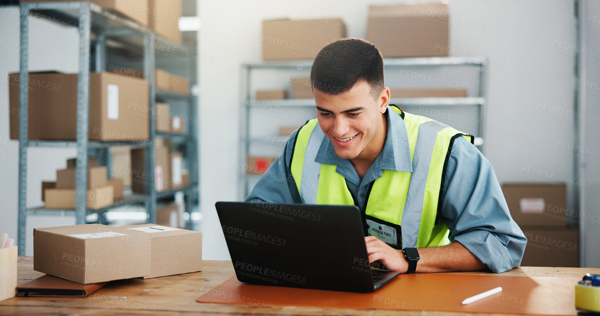 Buy stock photo Happy man, logistics and supply chain with laptop for small business distribution in warehouse. Male person, distributor or supplier with smile or boxes on computer for shipping or delivery service