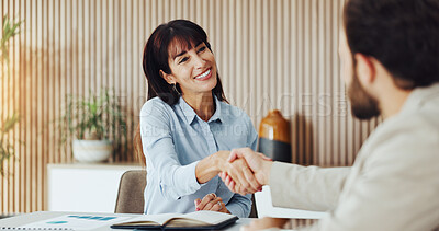 Buy stock photo Happy, business people and meeting with handshake for partnership, introduction or hiring in office. Businessman, woman or colleagues shaking hands with smile for b2b, agreement or job recruiting
