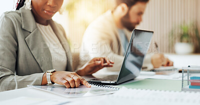 Buy stock photo Hands, laptop and paperwork with business person in office boardroom for collaboration or planning. Computer, file and reading with employee at desk in workplace for project management or schedule
