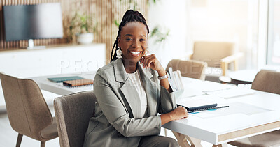 Buy stock photo Portrait, smile or black woman in boardroom with pride, about us or job in finance industry. Happy, corporate or analyst in office with confidence, career growth or experience in risk management.