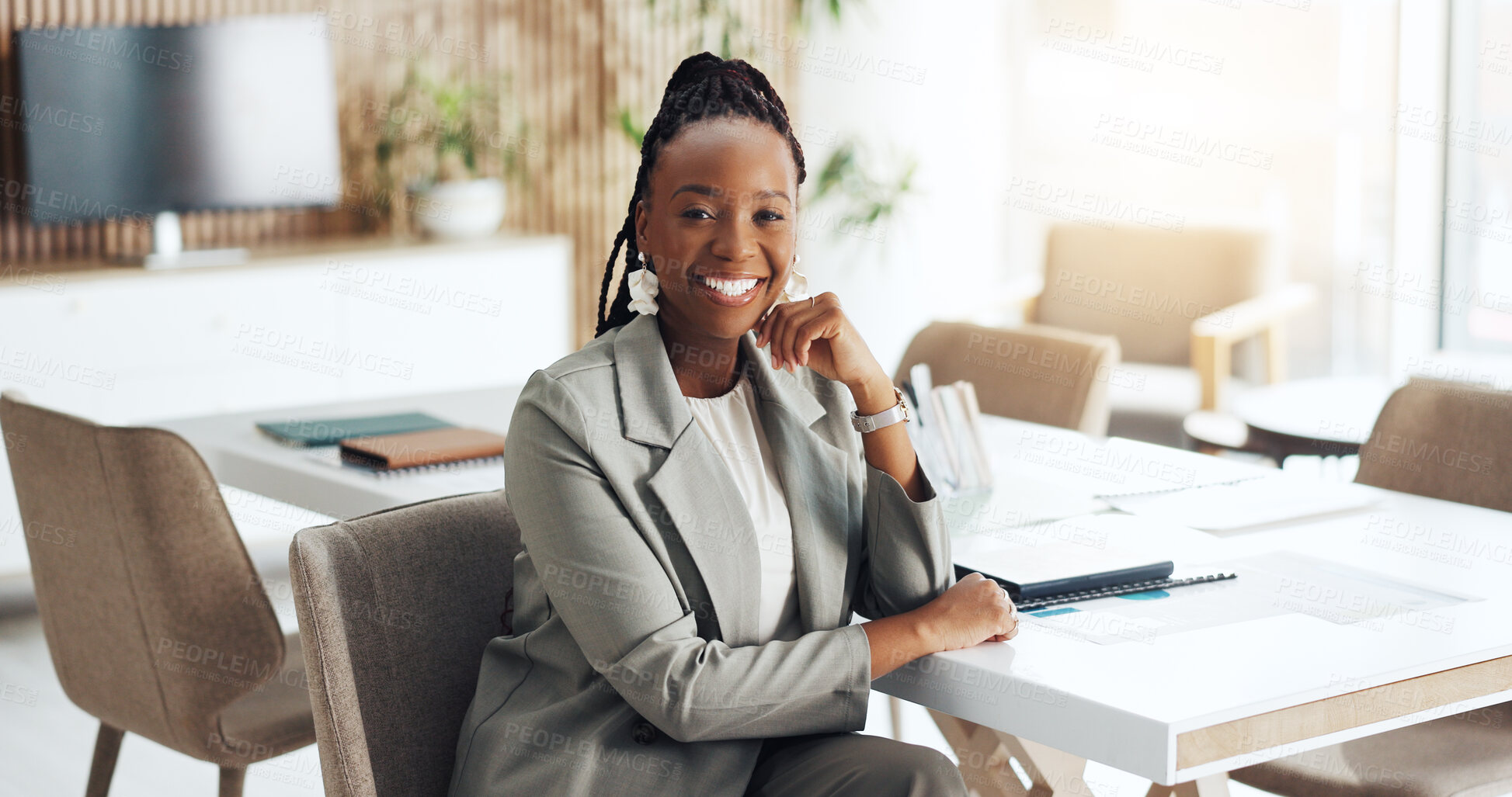 Buy stock photo Portrait, smile or black woman in boardroom with pride, about us or job in finance industry. Happy, corporate or analyst in office with confidence, career growth or experience in risk management.