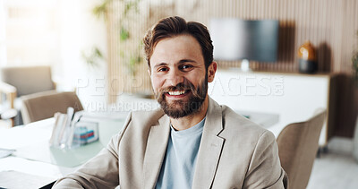 Buy stock photo Employee, portrait and man with smile, office and financial analyst with career growth and ambition. Happy, person and confident for business development with investment or wealth management in USA