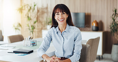 Buy stock photo Portrait, happy or mature woman in boardroom with pride, about us or job in finance industry. Smile, corporate or analyst in workplace with confidence, career growth or experience in risk management.