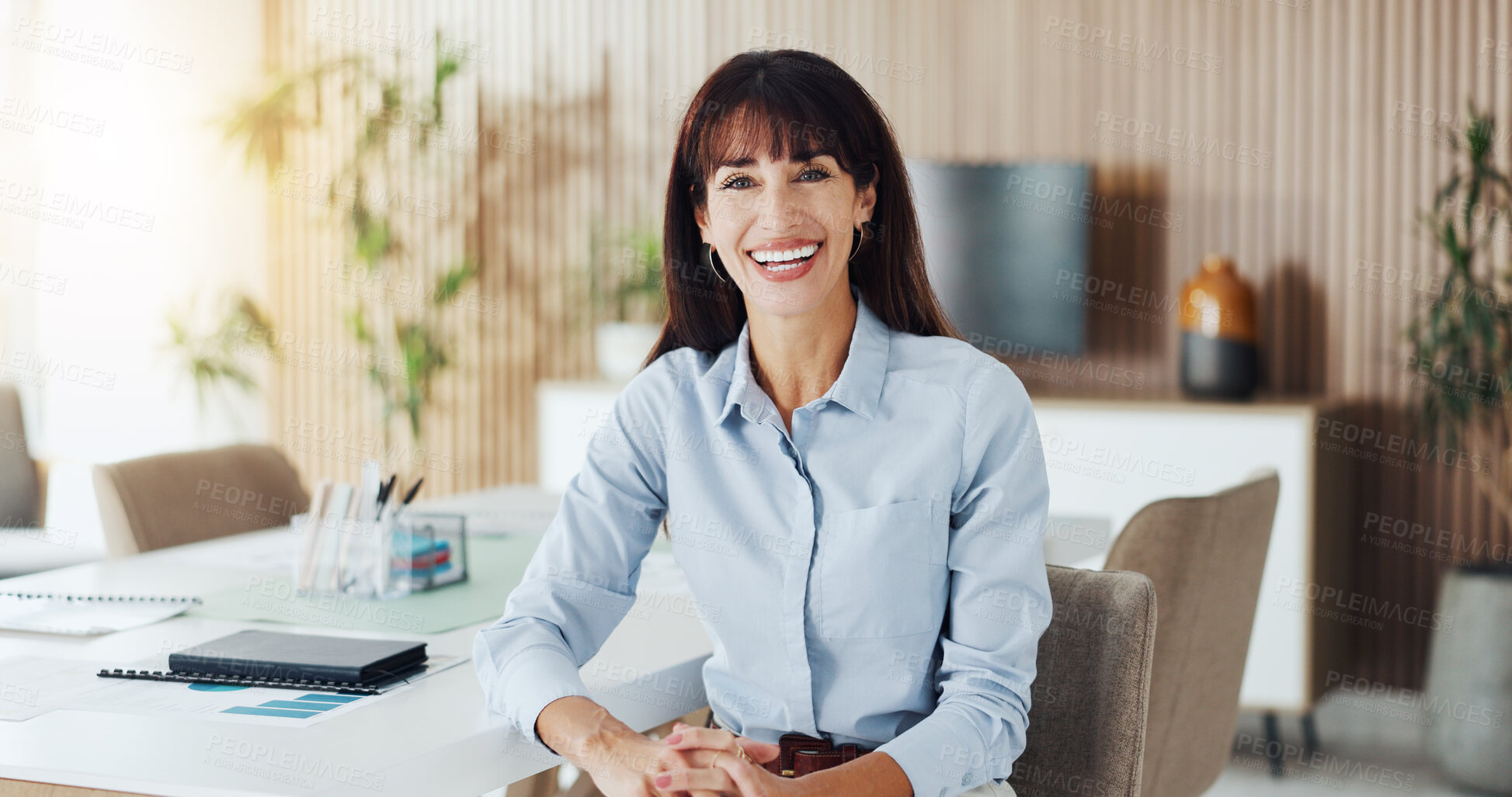 Buy stock photo Portrait, happy or mature woman in boardroom with pride, about us or job in finance industry. Smile, corporate or analyst in workplace with confidence, career growth or experience in risk management.