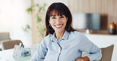 Buy stock photo Employee, portrait and woman with ambition, office and financial analyst with smile or career growth. Happy, mature person and confident for business development and investment opportunity in USA