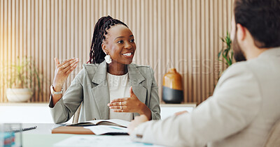 Buy stock photo Business, woman and talking with document in office for planning, finance report and contract. People, explain and paperwork for company budget, financial expenses and information on funding proposal