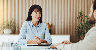 Buy stock photo Business, people and smile in office with meeting, data analysis discussion and financial advice. Manager, team and conversation in workplace with finance statistics, market research and planning.