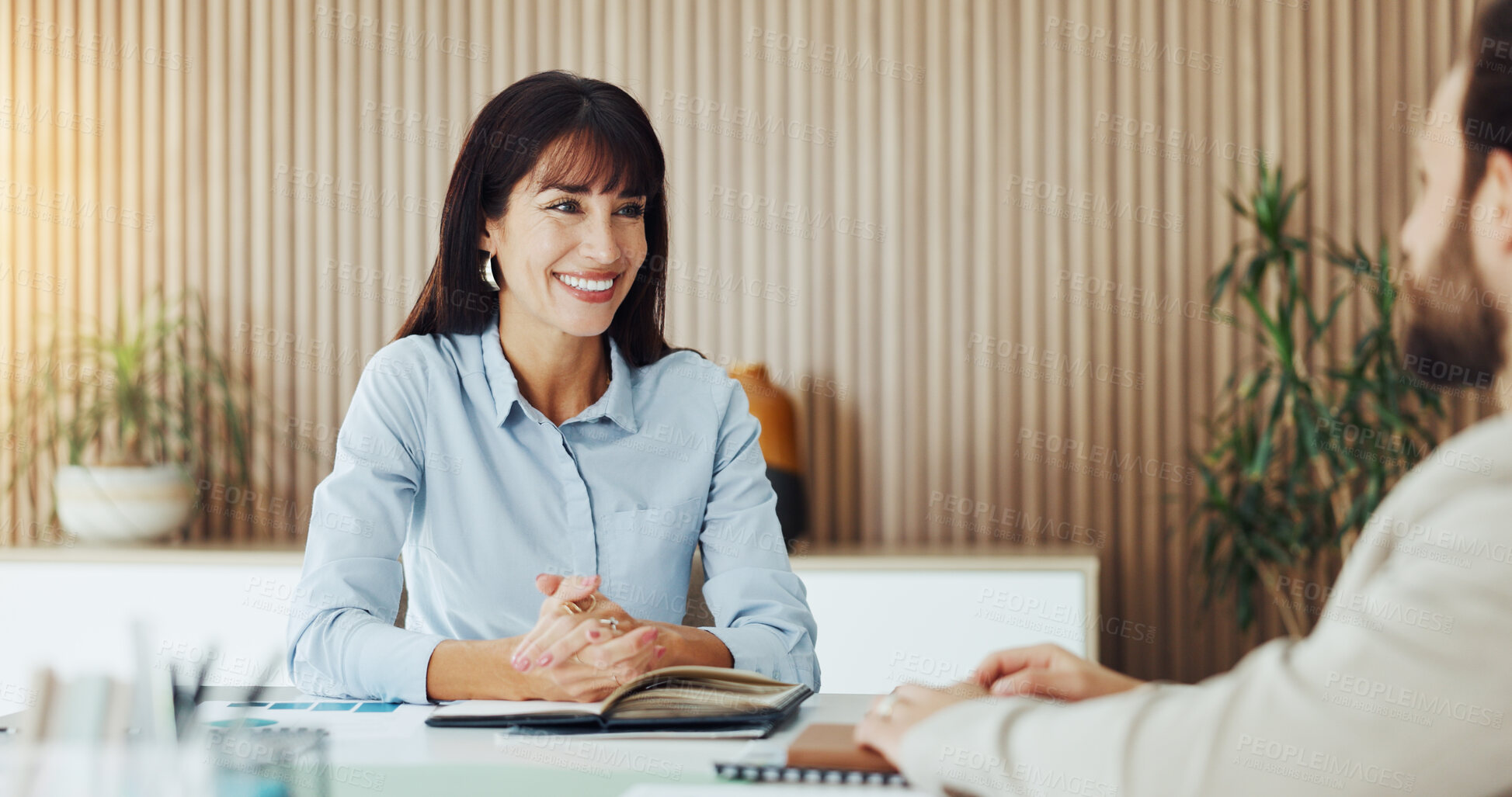 Buy stock photo Business, people and smile in office with meeting, data analysis discussion and financial advice. Manager, team and conversation in workplace with finance statistics, market research and planning.