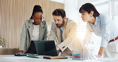 Buy stock photo Meeting, laptop and business people in office with advice, project management and collaboration for publishing. Discussion, tech and editors with manager for feedback, review or creative in workplace