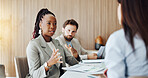 Businesswoman, people and talk in office with document, advice or idea proposal for financial growth. Team, discussion or meeting in workplace with report, review or finance plan for income increase.