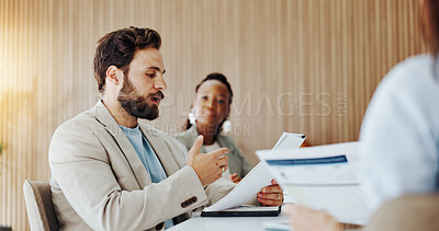 Buy stock photo Business, man and meeting with document in office for planning, feedback and article manuscript. People, team and discussion with draft paperwork, copywriting report and schedule of story publication