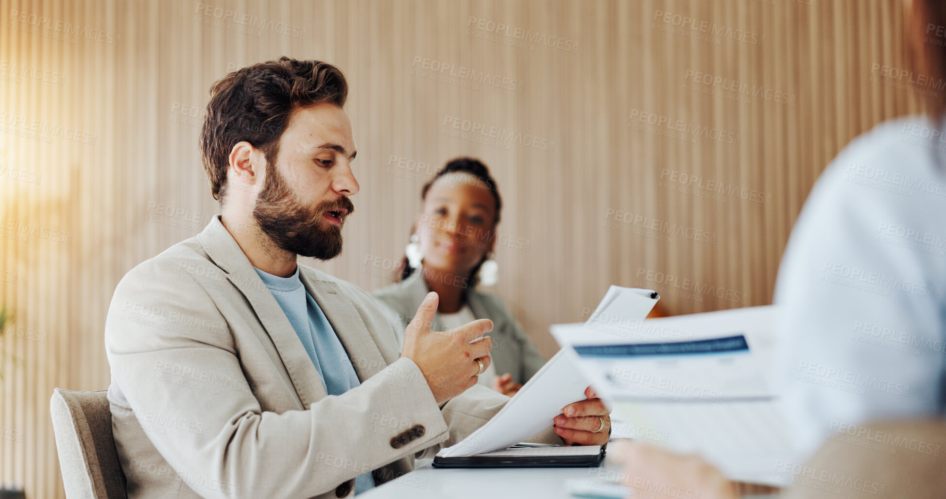 Buy stock photo Business, man and meeting with document in office for planning, feedback and article manuscript. People, team and discussion with draft paperwork, copywriting report and schedule of story publication