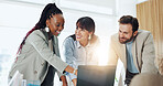 Happy, team and people with laptop, meeting and planning for investment proposal or risk assessment. Flare, wealth management and group with tech for financial analysis, point and smile for research