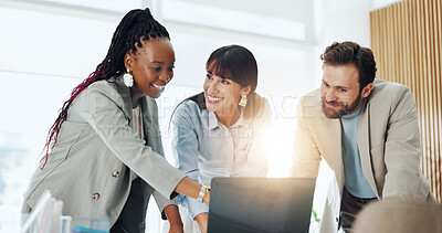 Buy stock photo Happy, team and people with laptop, meeting and planning for investment proposal or risk assessment. Flare, wealth management and group with tech for financial analysis, point and smile for research