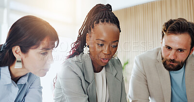Buy stock photo Planning, discussion or business people with meeting in office, collaboration or budget problem solving. Flare, teamwork or staff with brainstorming for project development, talk or decision making