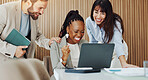 Laptop, team or excited with fist pump in office for campaign success, results or good news. Digital marketing manager, people and tech with celebration for market growth, brand performance and goals