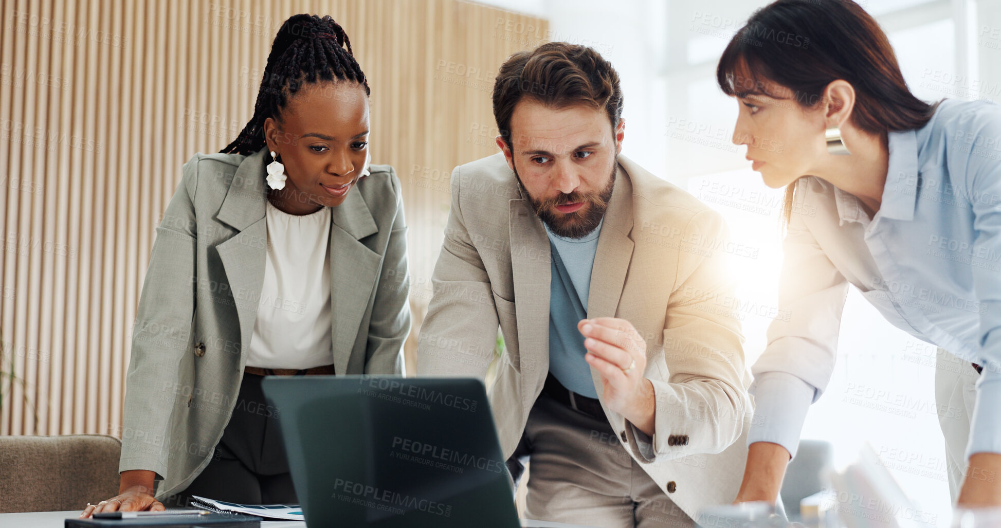 Buy stock photo Team, meeting and group with laptop, office and planning for investment proposal or risk assessment. Flare, wealth management and people with tech for financial analysis, talking and collaboration