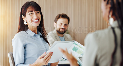 Buy stock photo Finance, b2b or people in office with paper, funding ideas or budget pitch in partnership meeting. Briefing, investor or analyst with document, report review or proposal update for collaboration plan