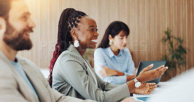 Buy stock photo Attention, audience and meeting with business woman in boardroom for development or education. Listening, smile and workshop with corporate employee at table in office for seminar or upskill training
