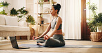 Yoga, meditation or woman with laptop in house, spiritual guide or body awareness practice for peace. Calm, holistic exercise or person with lotus pose for healing, pc or streaming mindfulness video