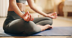 Yoga, meditation or hands with mat in home, morning routine or body awareness practice for inner peace. Mindfulness, zen or calm woman with lotus pose for wellness, center energy or holistic healing