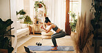 Laptop, pose and yoga with woman in living room of home for holistic wellness or video tutorial. Computer, exercise and posture with yogi person on floor in apartment for health activity or streaming