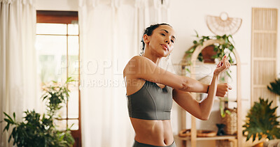 Buy stock photo Woman, stretching and arms for pilates at house with exercise, start training and wellness. Person, warm up and fitness with muscle preparation, physical activity and determination for stress relief 