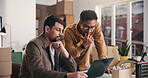 Logistics, review or team in office with laptop, order track or inventory management for shipping. Collaboration, men or suppliers with tech, stock control or delivery update in supply chain.