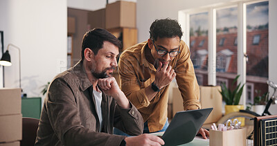 Buy stock photo Logistics, review or team in office with laptop, order track or inventory management for shipping. Collaboration, men or suppliers with tech, stock control or delivery update in supply chain.