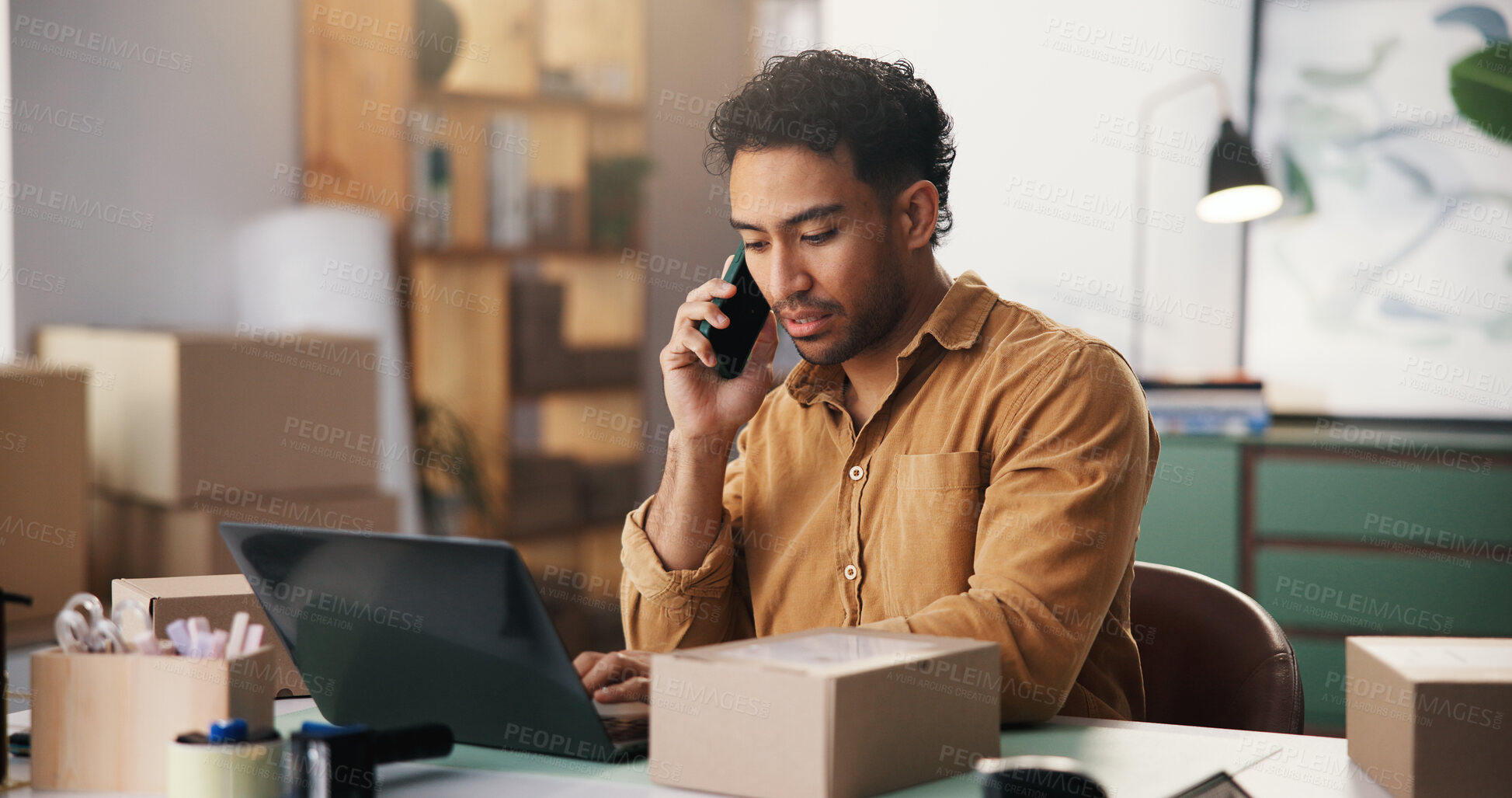 Buy stock photo Phone call, logistics or man in office with laptop, tracking package or chat on shipping service. Distribution, communication or supplier with tech, courier or delivery instruction in supply chain.