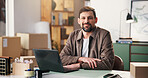 Portrait, smile and man in office for shipping, procurement startup and laptop in small business. Computer, ecommerce and happy person at work for distribution, logistics and confident entrepreneur