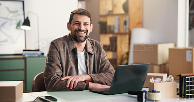Buy stock photo Portrait, smile and man in office for ecommerce, procurement startup and laptop in small business. Computer, shipping and happy person at work for distribution, logistics and confident entrepreneur