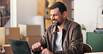 Man, laugh and logistics with laptop, warehouse and ecommerce success on website and small business. Entrepreneur, online and person with smile for order, supply chain and shipping goods with tech