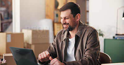 Buy stock photo Man, laugh and logistics with laptop, warehouse and ecommerce success on website and small business. Entrepreneur, online and person with smile for order, supply chain and shipping goods with tech