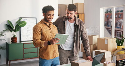 Buy stock photo Logistics, men and team with tablet, small business and ecommerce order on website, happy and online. Entrepreneur, reading and person with smile for info, supply chain and shipping goods with tech