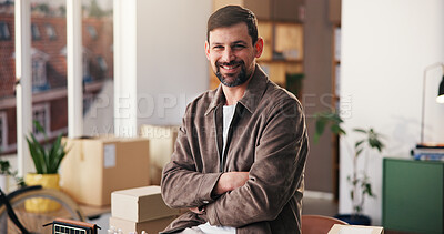 Buy stock photo Portrait, confidence and man in office for logistics, procurement startup and small business. Arms crossed, ecommerce and happy person at work for distribution, shipping and entrepreneur with pride