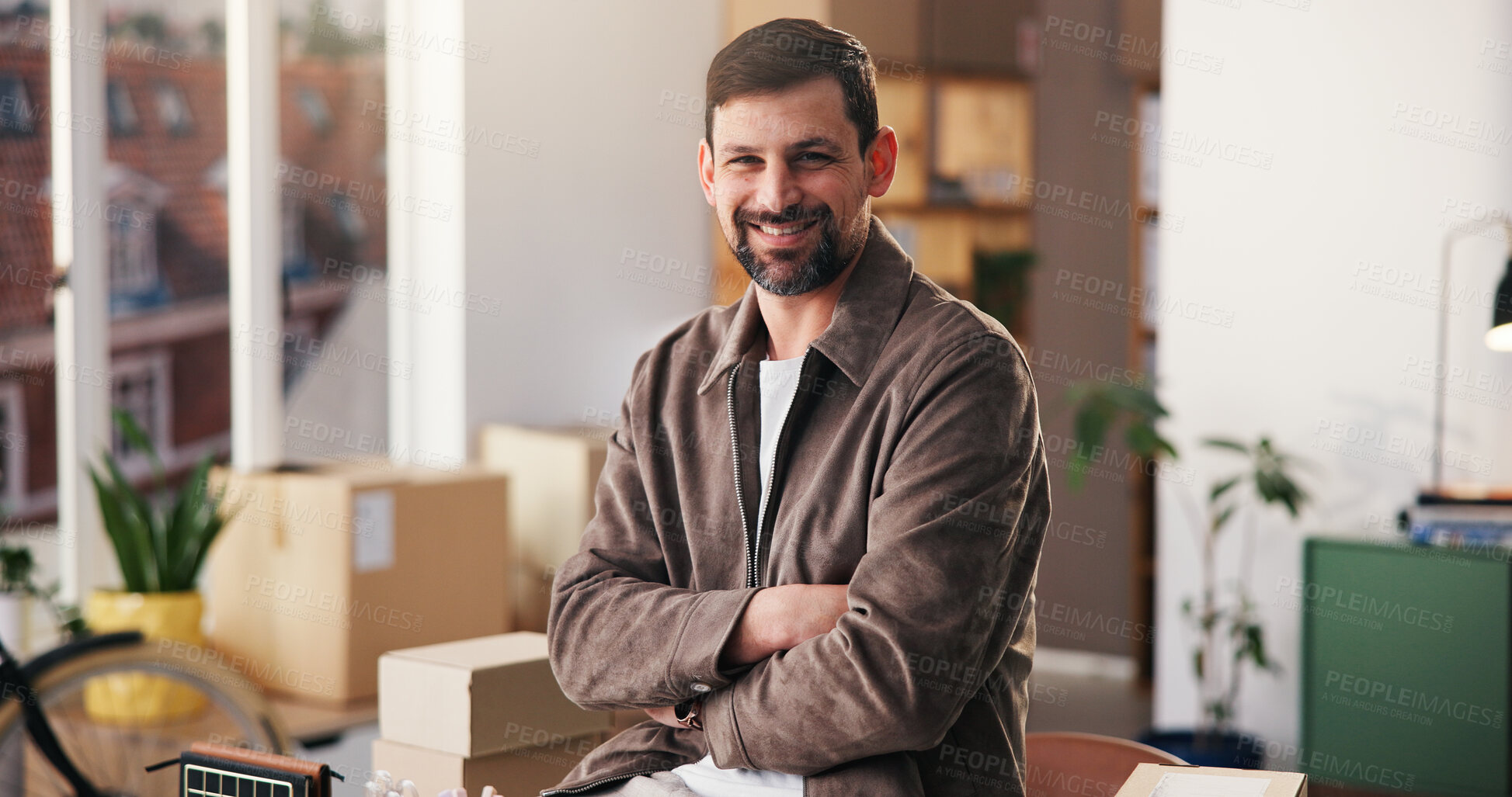 Buy stock photo Portrait, confidence and man in office for logistics, procurement startup and small business. Arms crossed, ecommerce and happy person at work for distribution, shipping and entrepreneur with pride