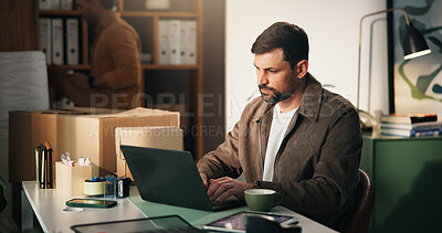 Buy stock photo Laptop, logistics and businessman in office with email for online delivery information. Computer, typing and male supply chain manager with ecommerce for shipping communication by boxes in workplace.