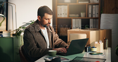 Buy stock photo Laptop, logistics and businessman in office with typing for online delivery information. Computer, research and male supply chain manager with email for shipping communication by boxes in workplace.