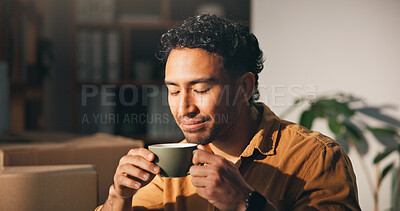 Buy stock photo Ecommerce, man and thinking in office with coffee, entrepreneurship and export plan for logistics. Supply chain, person and smell tea in workplace with reflection, idea or small business inspiration.