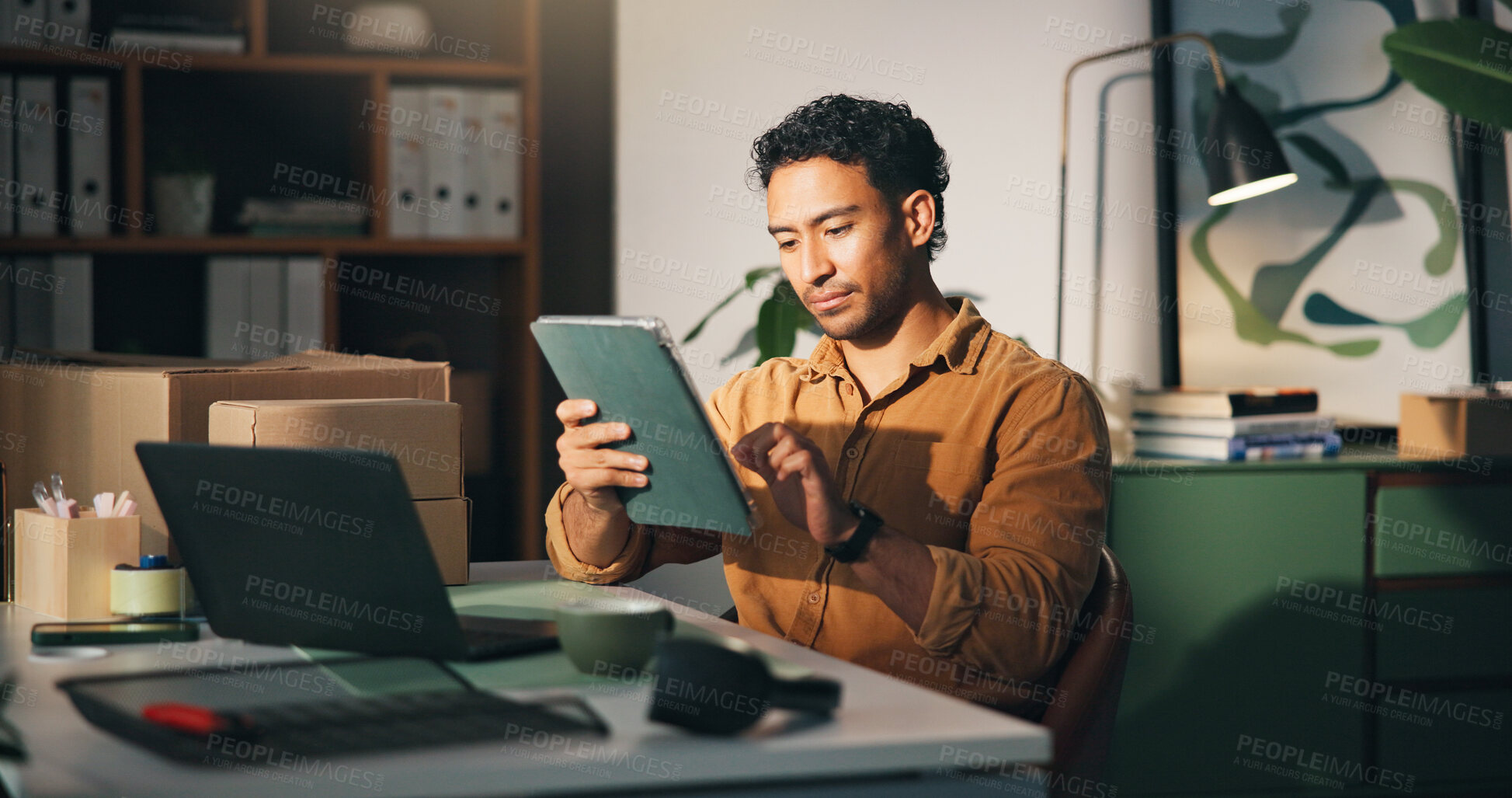 Buy stock photo Man, tablet and small business in warehouse for ecommerce, supply chain and check inventory. Male person, reading and digital for online order, quality control and client information for distribution